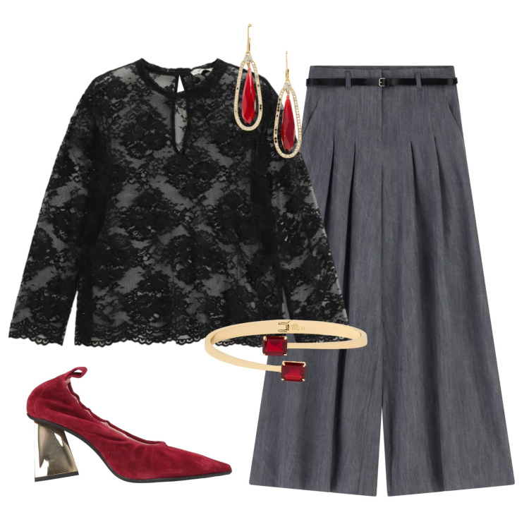 Outfit donna - Rosso fortuna. Stile Chic per Serata fuori. Abbinamento con décolleté, pantaloni a palazzo, canottiere, braccialetti, orecchini.