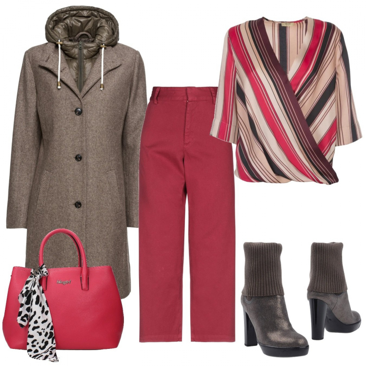 Outfit donna - Gioco di incroci. Stile Urban per Ufficio. Abbinamento con cappotti, stivaletti fantasia lavorato a maglia con tacco squadrato e punta tonda, pantalone jacquard, borsa a mano, blusa fantasia scollatura twill multicolore.