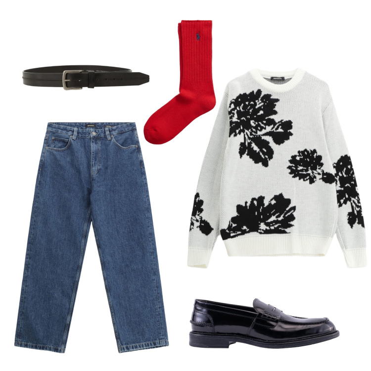 Outfit uomo - Comoda e fortunata. Stile Casual per Serata speciale. Abbinamento con jeans, pullovers, cinture, calzini, scarpe stringate.