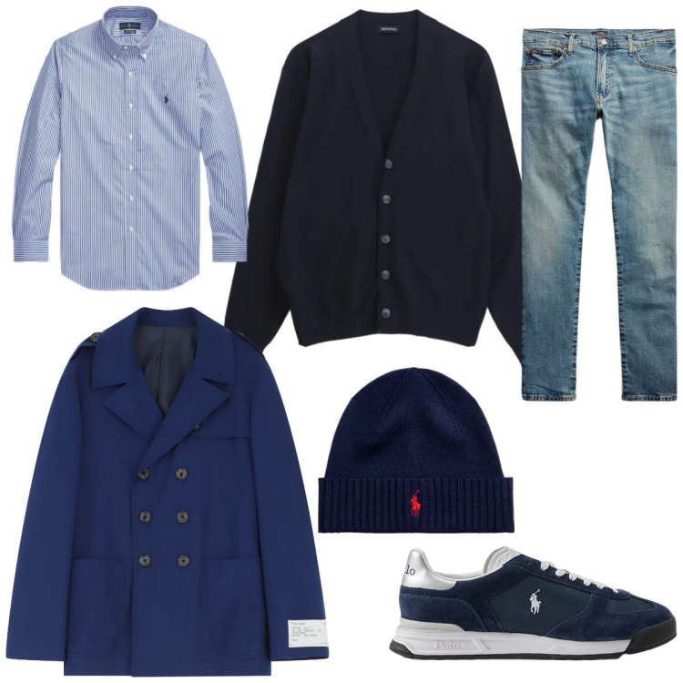 Outfit uomo - Il ritorno. per Tutti i giorni. Abbinamento con caban, cardigans, jeans, sneakers, berretti, camicie.