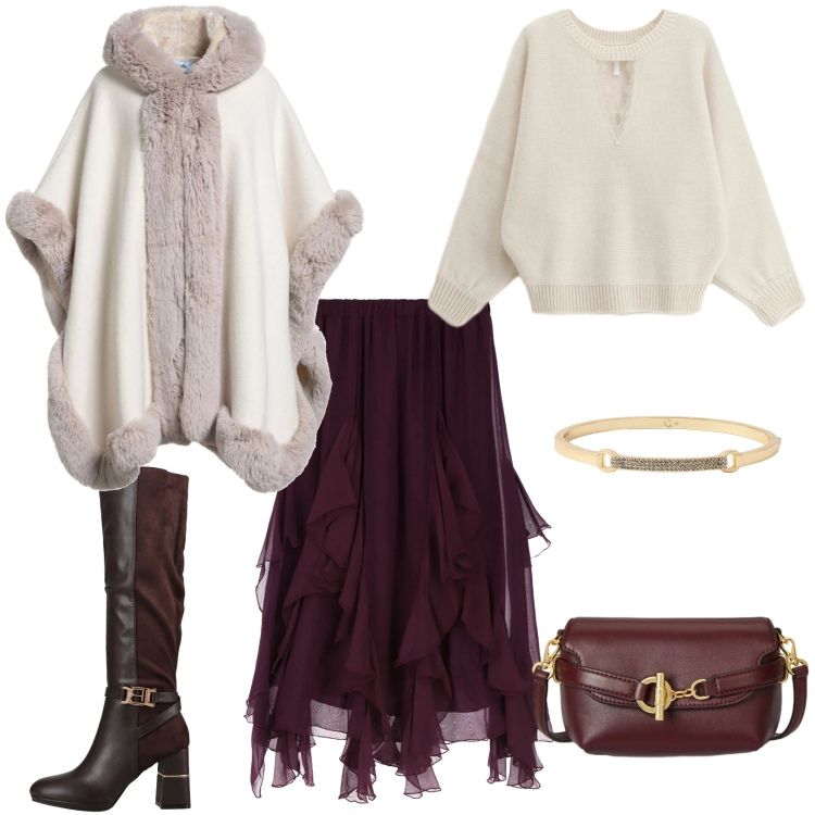 Outfit donna - Mi regalo un outfit. Stile Glamour per Tutti i giorni. Abbinamento con cappe, stivali, maglieria, gonne longuette, braccialetti, borse a tracolla.