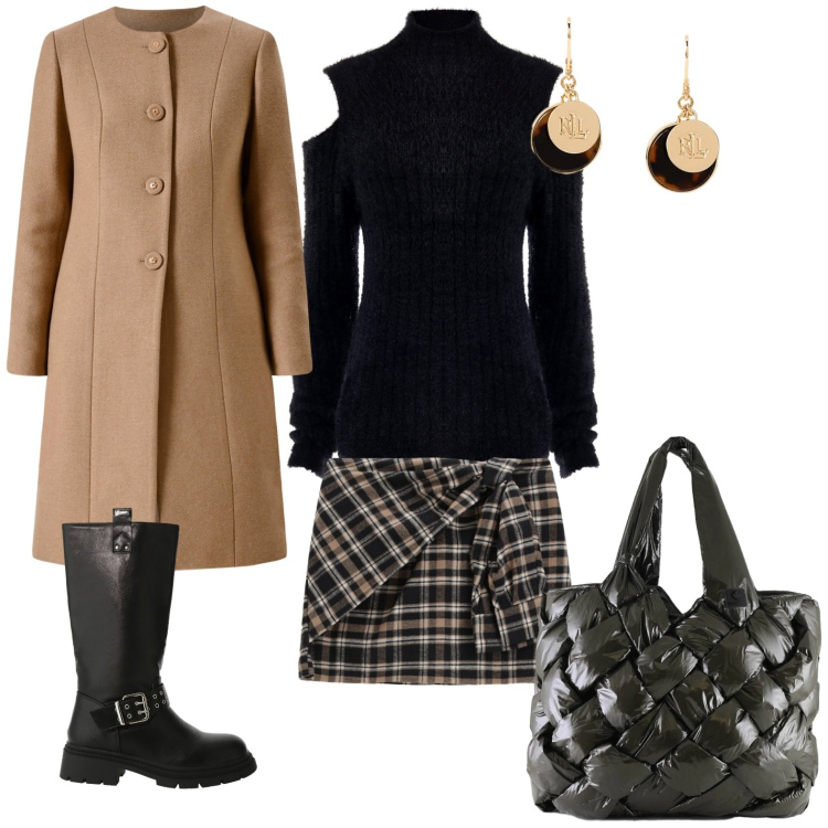 Outfit donna - Nero e caramello. Abbinamento con cappotti, maglieria, stivali, minigonne, borse tote, orecchini.