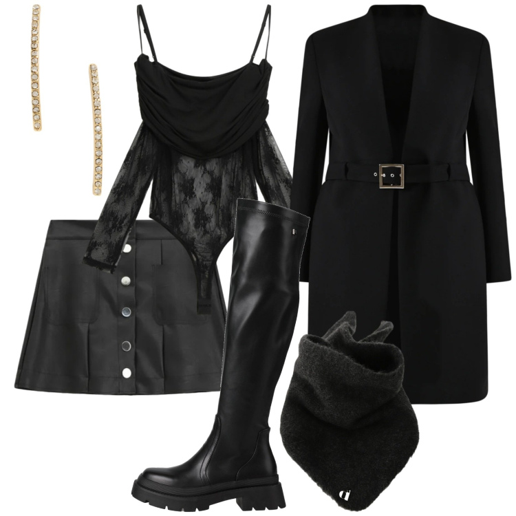 Outfit donna - Body in pizzo nero. Stile Rock per Serata fuori. Abbinamento con stivali, trench, foulard, minigonne, top, orecchini.