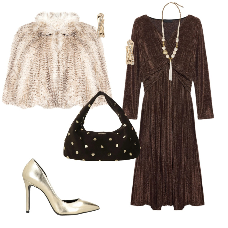 Outfit donna - Serata evento speciale. Stile Glamour per Serata fuori. Abbinamento con décolleté, ecopellicce, borse a spalla, orecchini, ciondoli, vestiti lunghi.