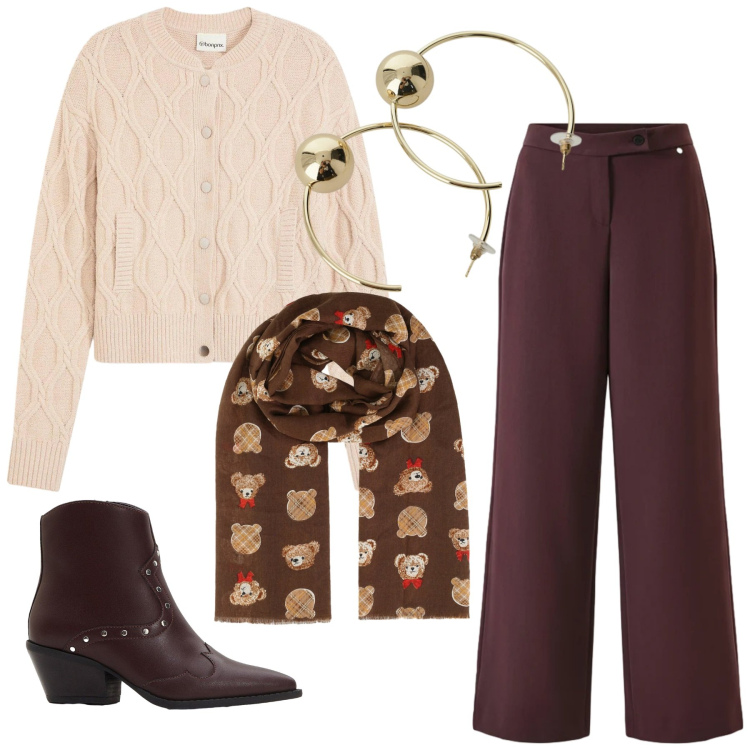 Outfit donna - Total look #2309114. Stile Minimal per Tutti i giorni. Abbinamento con cardigans, stivaletti texani, foulard, pantaloni, orecchini.