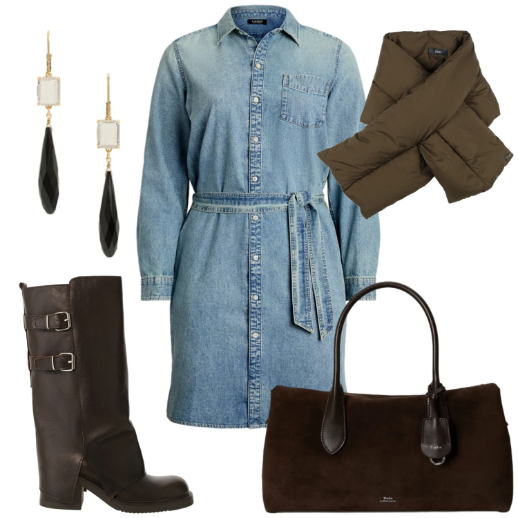 Outfit donna - Total look #2309115. Stile Trendy per Serata fuori. Abbinamento con sciarpe, stivali, orecchini, borse a mano, vestiti chemisier.