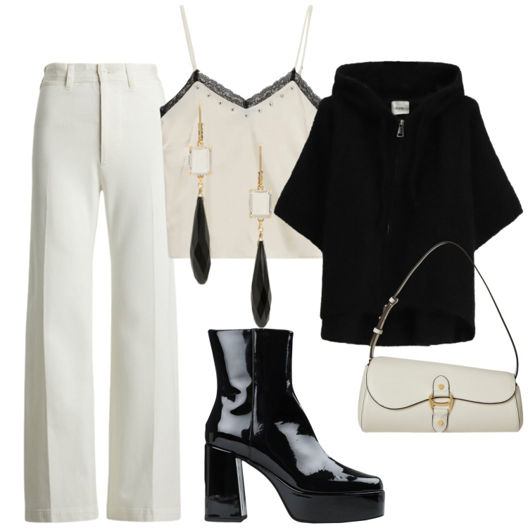 Outfit donna - Black and White for Xmas. Stile Glamour per Serata fuori. Abbinamento con stivaletti, top, cardigans, pantaloni, borse a spalla, orecchini.