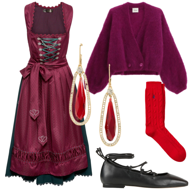 Outfit donna - In Tirolo per le feste. Stile Etnico per Serata fuori. Abbinamento con vestiti, ballerine, cardigans, calzini, orecchini.