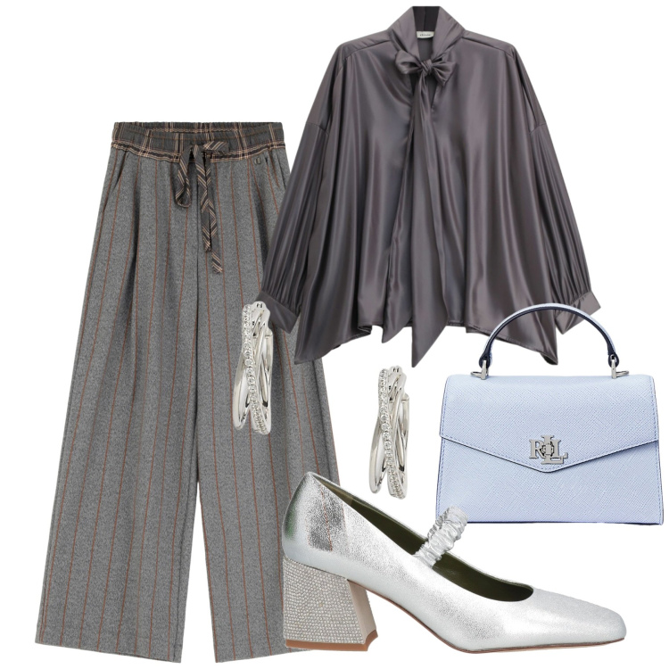 Outfit donna - Argento elegante. Stile Chic per Serata fuori. Abbinamento con décolleté, camicie, pantaloni a palazzo, borse a mano, orecchini.