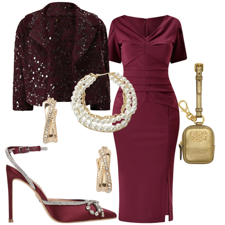 Outfit donna - Capodanno. Stile Chic per Serata fuori. Abbinamento con décolleté, vestiti midi/longuette, bolero, collane, orecchini, pochette.