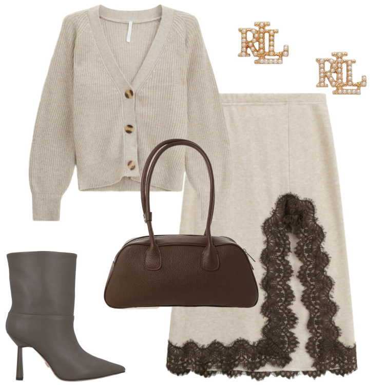 Outfit donna - City. Stile Urban per Tutti i giorni. Abbinamento con stivaletti, cardigans, borse a mano, gonne longuette, orecchini.