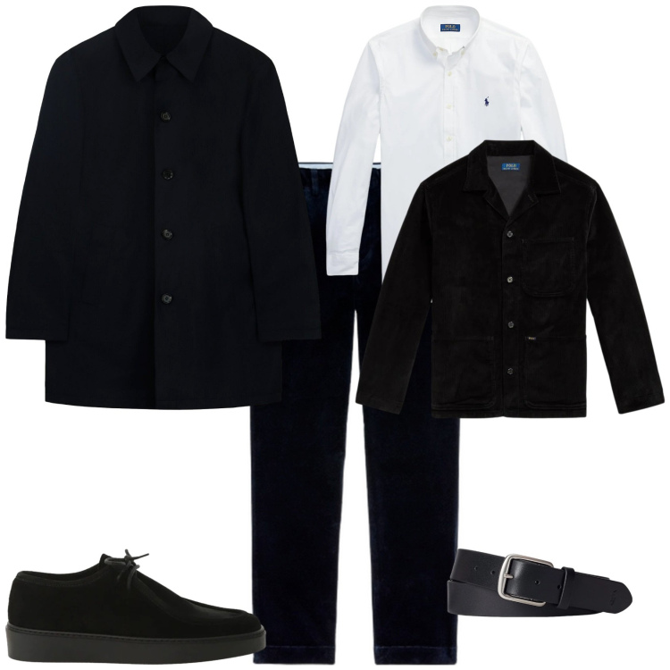 Outfit uomo - Eleganza nero e bianco. Stile Business/Elegante per Serata speciale. Abbinamento con scarpe stringate, camicie, cinture, giacche, pantaloni, trench.
