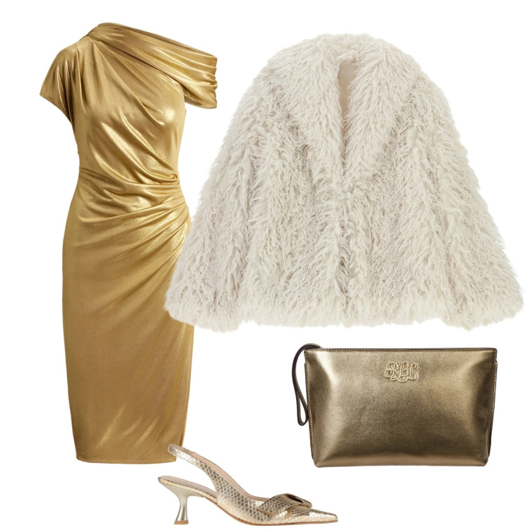 Outfit donna - Oro e Bianco. Stile Chic per Serata fuori. Abbinamento con décolleté, ecopellicce, pochette, vestiti a tubino.