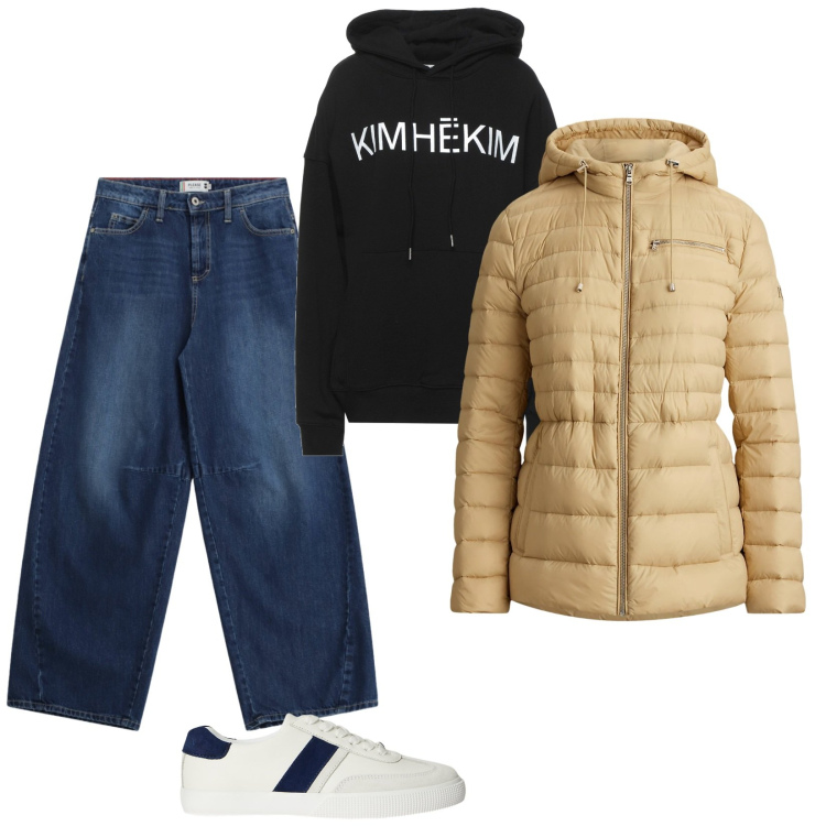 Outfit donna - Colori neutri. Stile Casual per Tutti i giorni. Abbinamento con felpe con cappuccio, jeans, piumini, sneakers.