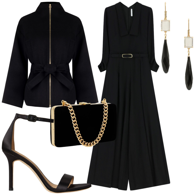 Outfit donna - Serata. Stile Chic per Serata fuori. Abbinamento con blazer, tute, clutch, sandali col tacco, orecchini.