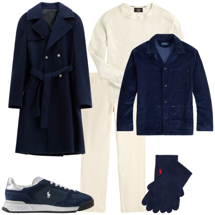 Outfit uomo - In montagna con gli amici. Stile Trendy per Serata speciale. Abbinamento con cappotti, maglieria, giacche, sneakers, pantaloni chino, guanti.