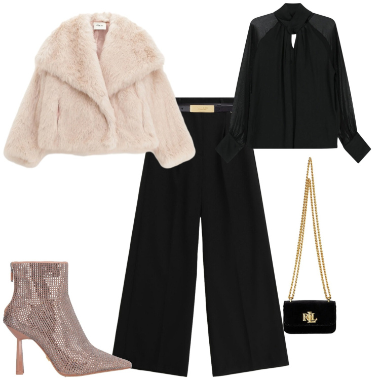 Outfit donna - Chic serata speciale. Stile Chic per Serata fuori. Abbinamento con stivaletti, blazer, pantaloni a palazzo, camicie, cinture, pochette.