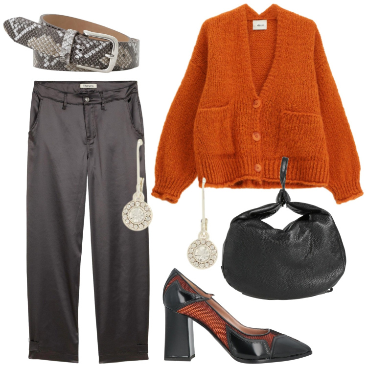 Outfit donna - Total look #2309156. Stile Minimal per Ufficio. Abbinamento con pantaloni, décolleté, zaini, cinture, cardigans, orecchini.