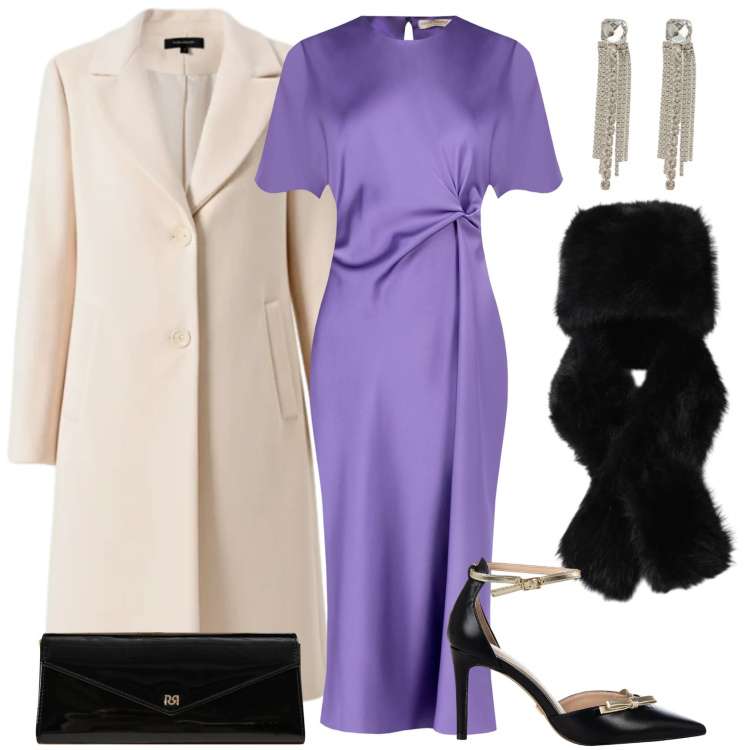 Outfit donna - Un outfit elegante. Stile Chic per Serata fuori. Abbinamento con vestiti midi/longuette, cappotti, décolleté, pochette, berretti, orecchini.