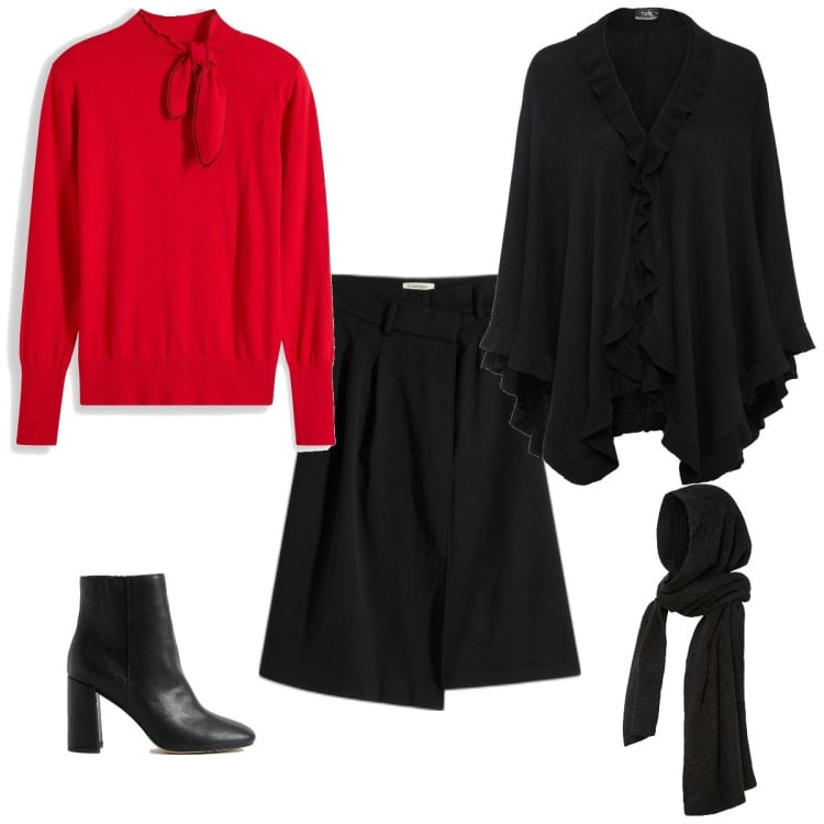 Outfit femme - Rouge et noir. Style Basique pour Tous les jours. Assortir avec jupes au genou, pulls, manteaux, écharpes, bottines.