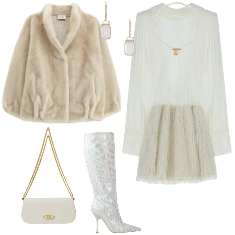 Outfit donna - Chic serata evento speciale. Stile Chic per Serata fuori. Abbinamento con stivali, blazer, vestiti corti, ciondoli, orecchini, borse a spalla.