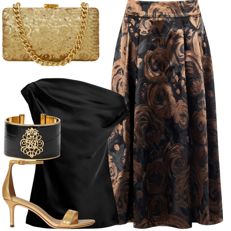 Outfit donna - Una serata importante. Stile Glamour per Serata fuori. Abbinamento con gonne longuette, top, clutch, sandali in pelle, braccialetti.