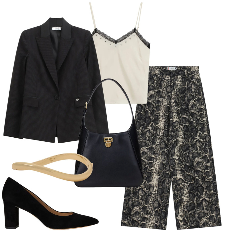 Outfit donna - City. Stile Urban per Tutti i giorni. Abbinamento con top, pantaloni a palazzo, blazer, borse a spalla, décolleté, braccialetti.