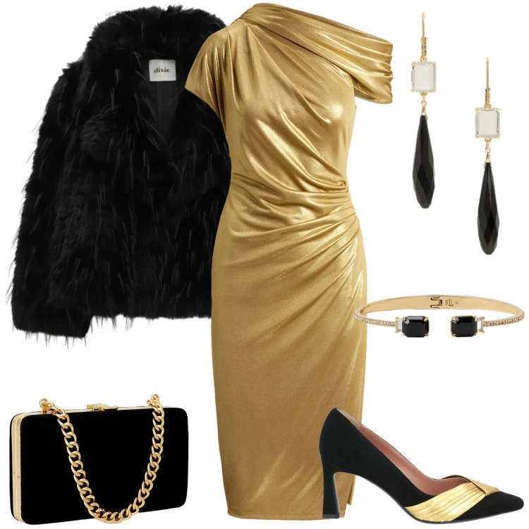Outfit donna - Un outfit Gold!. Stile Chic per Serata fuori. Abbinamento con décolleté, vestiti corti, clutch, vestiti a tubino, orecchini, braccialetti.