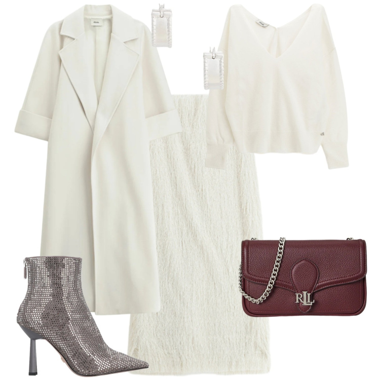 Outfit donna - Serata evento speciale chic. Stile Chic per Serata fuori. Abbinamento con stivaletti, maglieria, cappotti, gonne lunghe, clutch, orecchini.