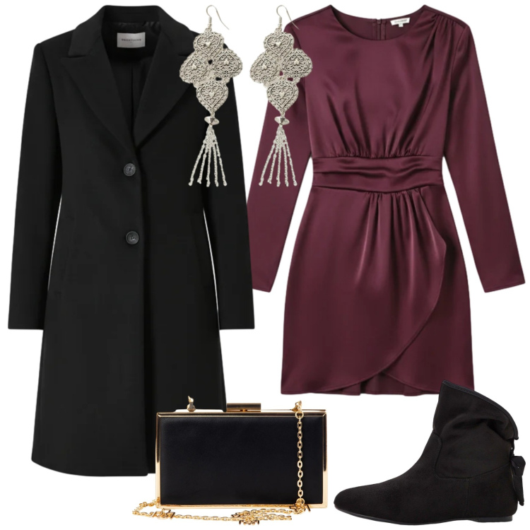 Outfit donna - Total look #2309172. Stile Glamour per Serata fuori. look ideale per Tall. Abbinamento con stivaletti, vestiti corti, pochette, cappotti, orecchini.