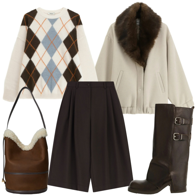 Outfit donna - Giornata di shopping. Stile Casual chic per Tutti i giorni. Abbinamento con shorts, stivali, cappotti, maglieria, borse a spalla.