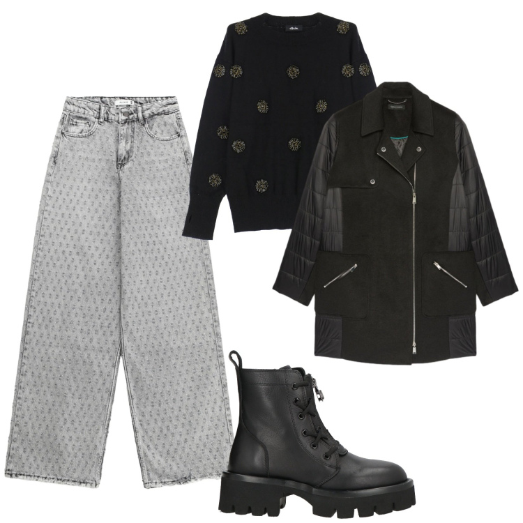 Outfit donna - Jeans a fantasia. Stile Casual per Tutti i giorni. Abbinamento con anfibi, jeans, pullovers, cappotti.