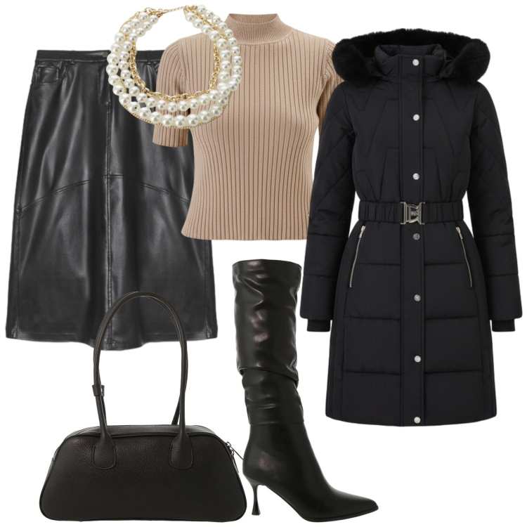 Outfit donna - Aperitivo delle feste. Stile Casual chic per Serata fuori. Abbinamento con stivali sopra il ginocchio, collane, borse a mano, piumini, pullovers, gonne lunghe.