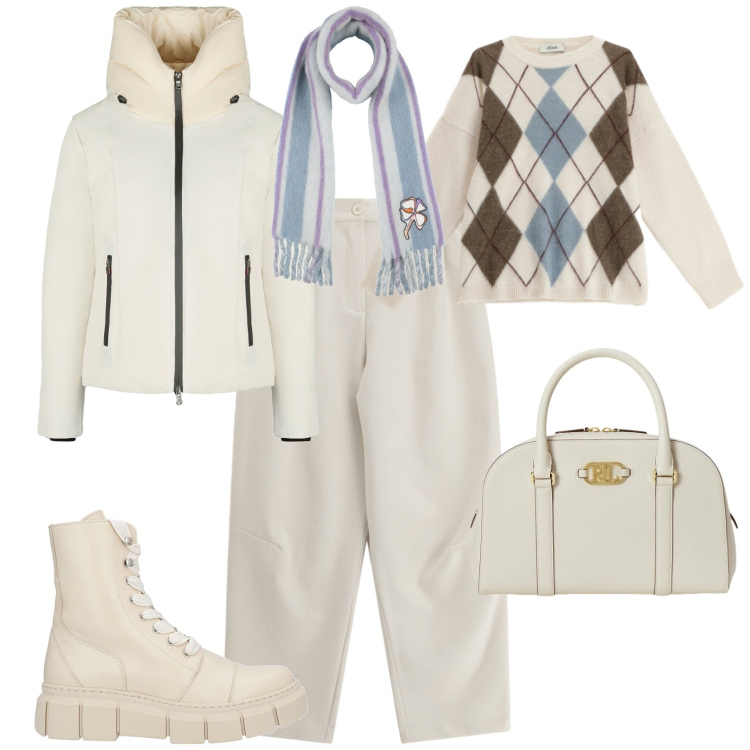 Outfit donna - Trendy per la montagna. Stile Trendy per Tutti i giorni. Abbinamento con stivaletti, sciarpe, pantaloni a palazzo, maglieria, eskimo, borse a mano.
