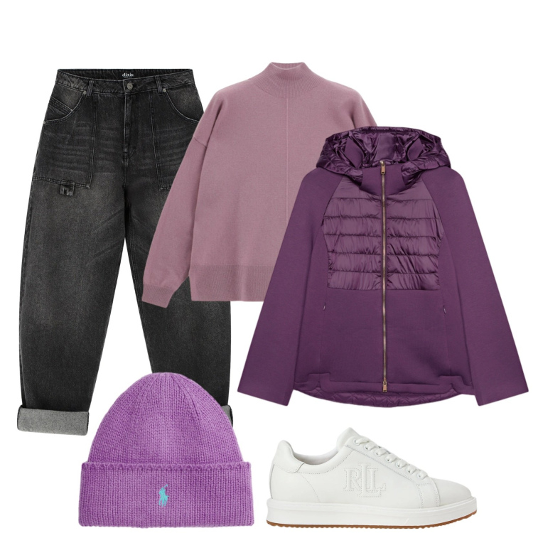 Outfit donna - Il berretto viola. Stile Casual per Tutti i giorni. Abbinamento con jeans, maglieria, sneakers, berretti, piumini.