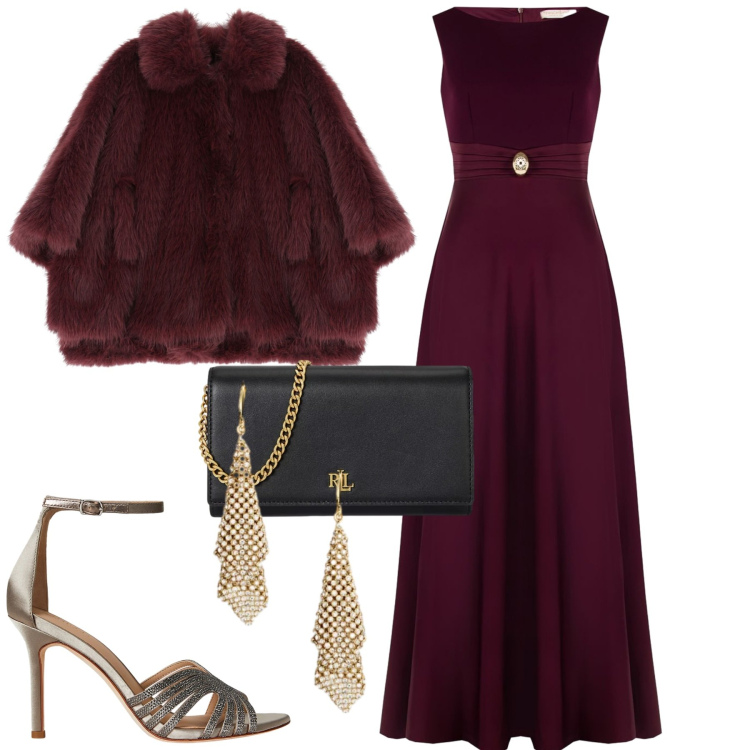 Outfit donna - Serata speciale. Stile Glamour per Serata fuori. Abbinamento con blazer, vestiti lunghi, sandali gioiello, borse a tracolla, orecchini.