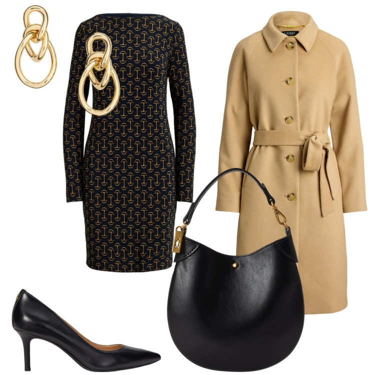 Outfit donna - Abito a fantasia. Stile Chic per Serata fuori. Abbinamento con vestiti, décolleté, pochette, cappotti, orecchini.