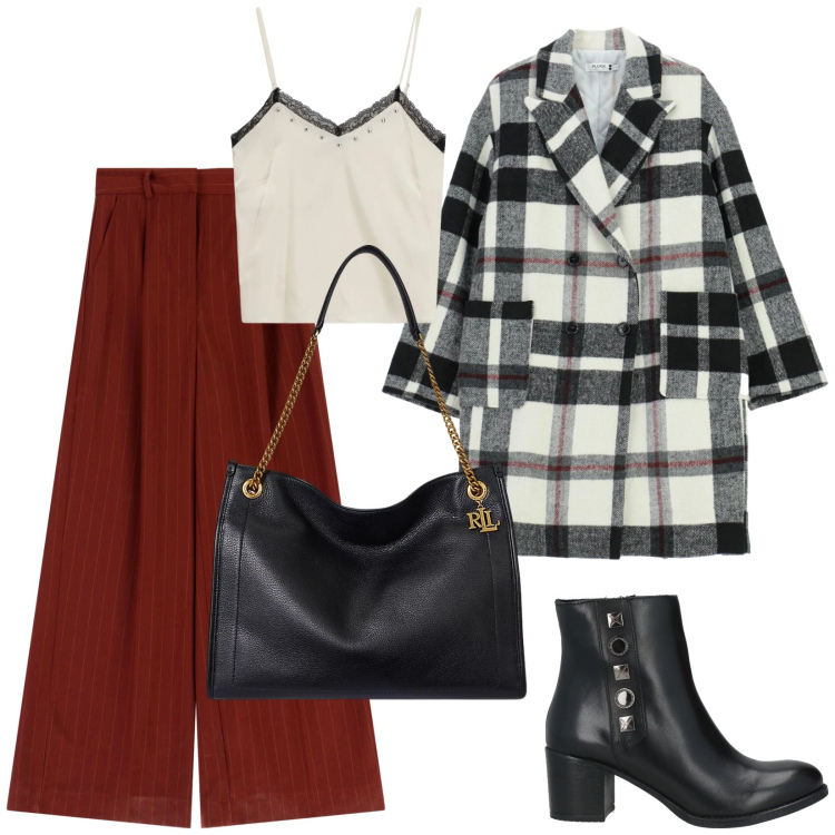 Outfit donna - Pantaloni rossi a palazzo. Stile Trendy per Tutti i giorni. Abbinamento con stivaletti, top, cappotti, pantaloni a palazzo, borse tote.