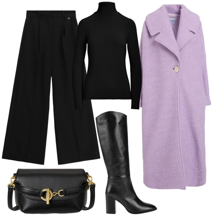 Outfit donna - Cappotto lungo viola. Stile Chic per Tutti i giorni. Abbinamento con cappotti, stivali, pantaloni a palazzo, top, borse a tracolla.