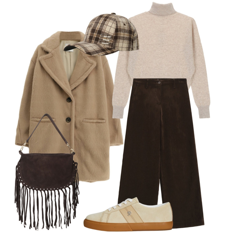 Outfit donna - Mix di tessuti. Stile Casual per Tutti i giorni. Abbinamento con pantaloni, borse a tracolla, maglieria, cappelli con visiera, cappotti, sneakers.