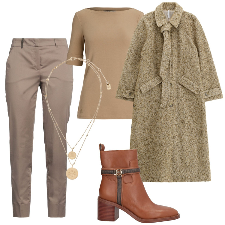 Outfit donna - Marrone e Oro. Stile Casual chic per Ufficio. Abbinamento con pantaloni, stivaletti, cappotti, ciondoli, t-shirt.