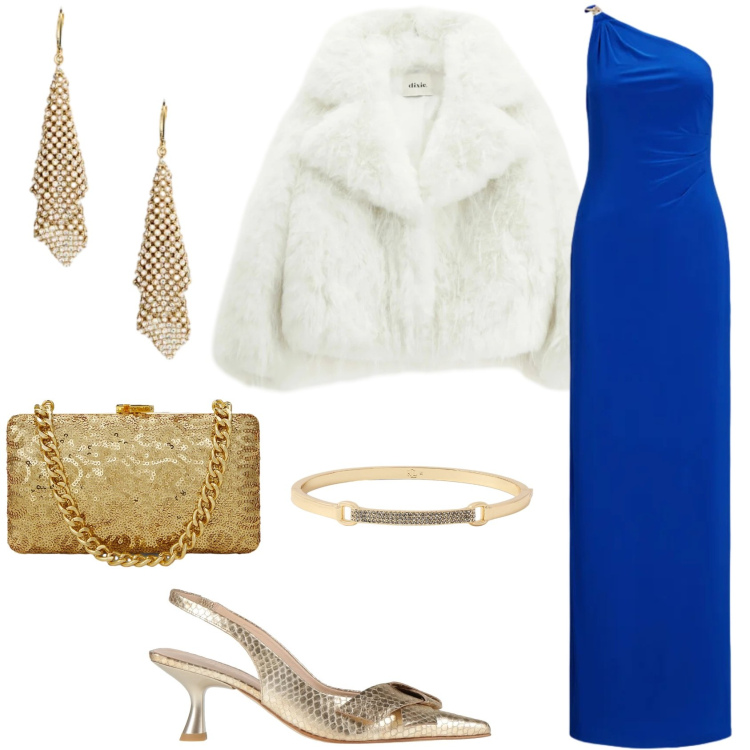 Outfit donna - Al cenone in blu elettrico. Stile Chic per Serata fuori. Abbinamento con décolleté, vestiti corti, vestiti asimmetrici, braccialetti, clutch, orecchini.