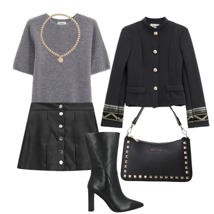 Outfit donna - Un blazer originale. Stile Casual chic per Serata fuori. Abbinamento con stivaletti, pochette, minigonne, blazer, maglieria, collane.