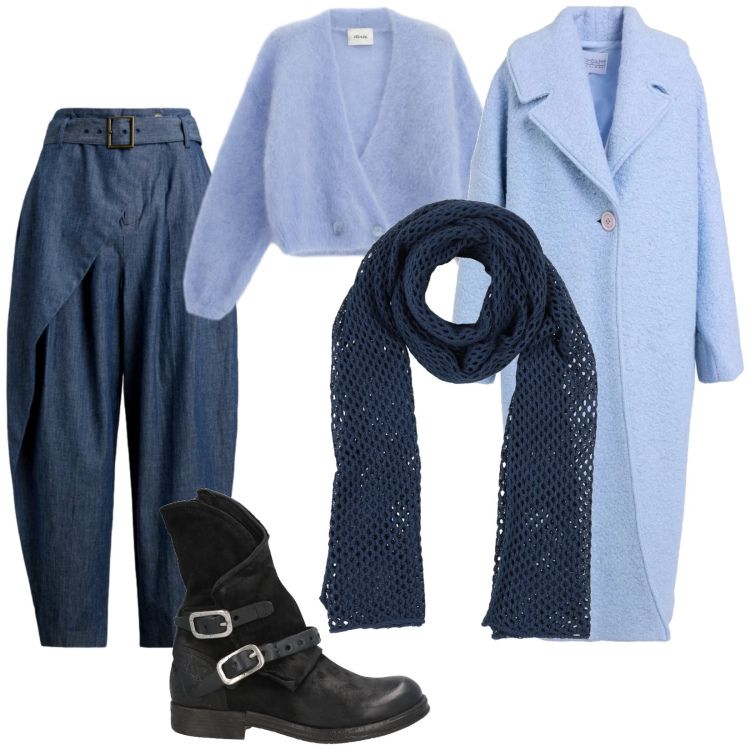 Outfit donna - Azzurro e Blu. Stile Casual chic per Ufficio. Abbinamento con cappotti, stivaletti, sciarpe, cardigans, pantaloni.