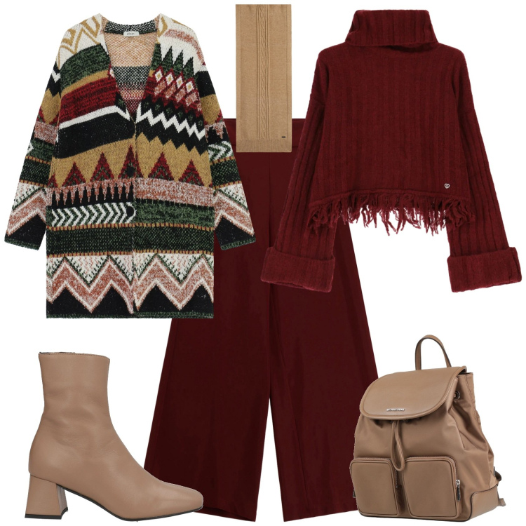 Outfit donna - Casual chic ogni giorno. Stile Casual chic per Tutti i giorni. Abbinamento con zaini, stivaletti, maglieria, pantaloni a palazzo, sciarpe, cappotti.