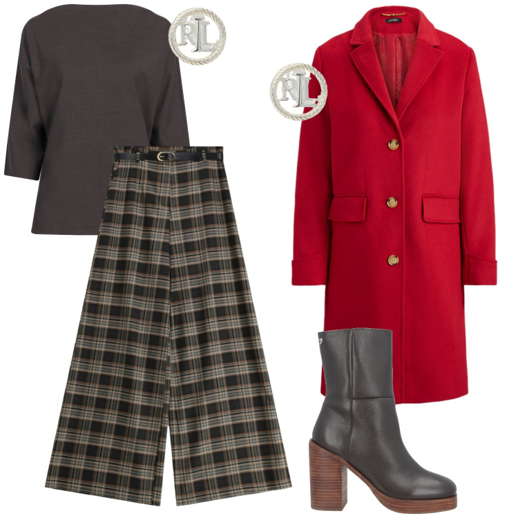 Outfit donna - Lungo cappotto rosso. Stile Casual chic per Ufficio. Abbinamento con stivaletti, top, pantaloni a palazzo, orecchini, cappotti.