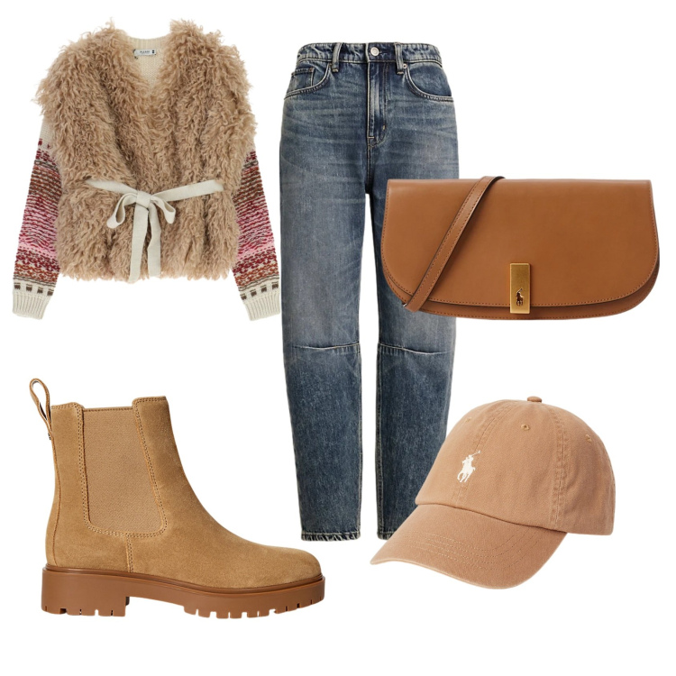 Outfit donna - Sporty chic. Stile Sporty chic per Tutti i giorni. Abbinamento con maglieria, cappelli, stivaletti chelsea, jeans, clutch.