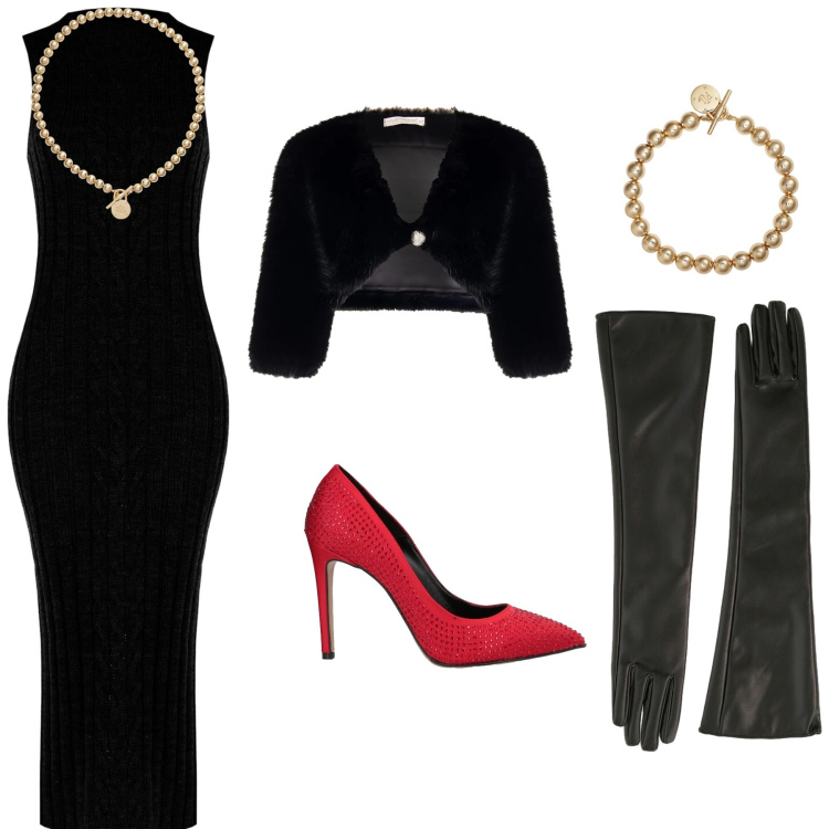 Outfit donna - Prove tecniche di Capodanno. Stile Glamour per Serata fuori. Abbinamento con décolleté, vestiti midi/longuette, bolero, guanti, collane, braccialetti.