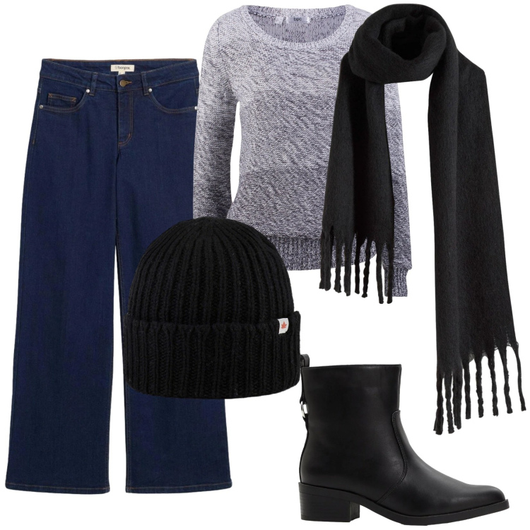 Outfit donna - Un pullover a righe. Stile Casual per Tutti i giorni. Abbinamento con maglieria, sciarpe, stivaletti, jeans dritti, cappelli.