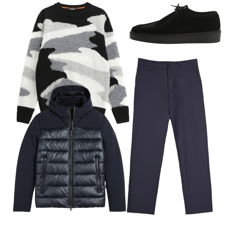 Outfit uomo - Total look. Stile Casual per Tutti i giorni. Abbinamento con maglieria, scarpe stringate, pantaloni chino, giacche.